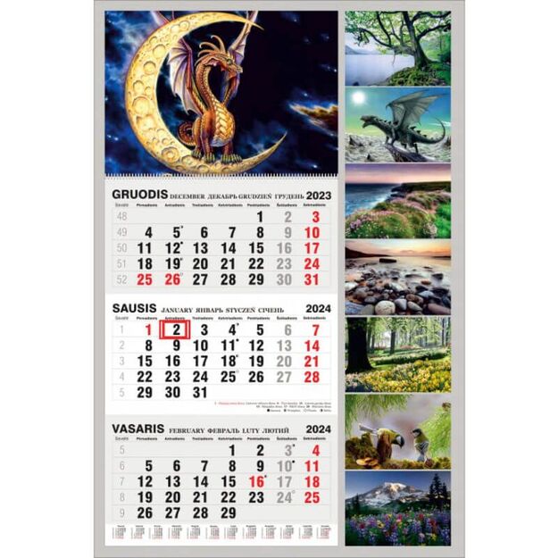 Kalendorius, sieninis 3 mėn. „2024“, 3-m  spiralėm